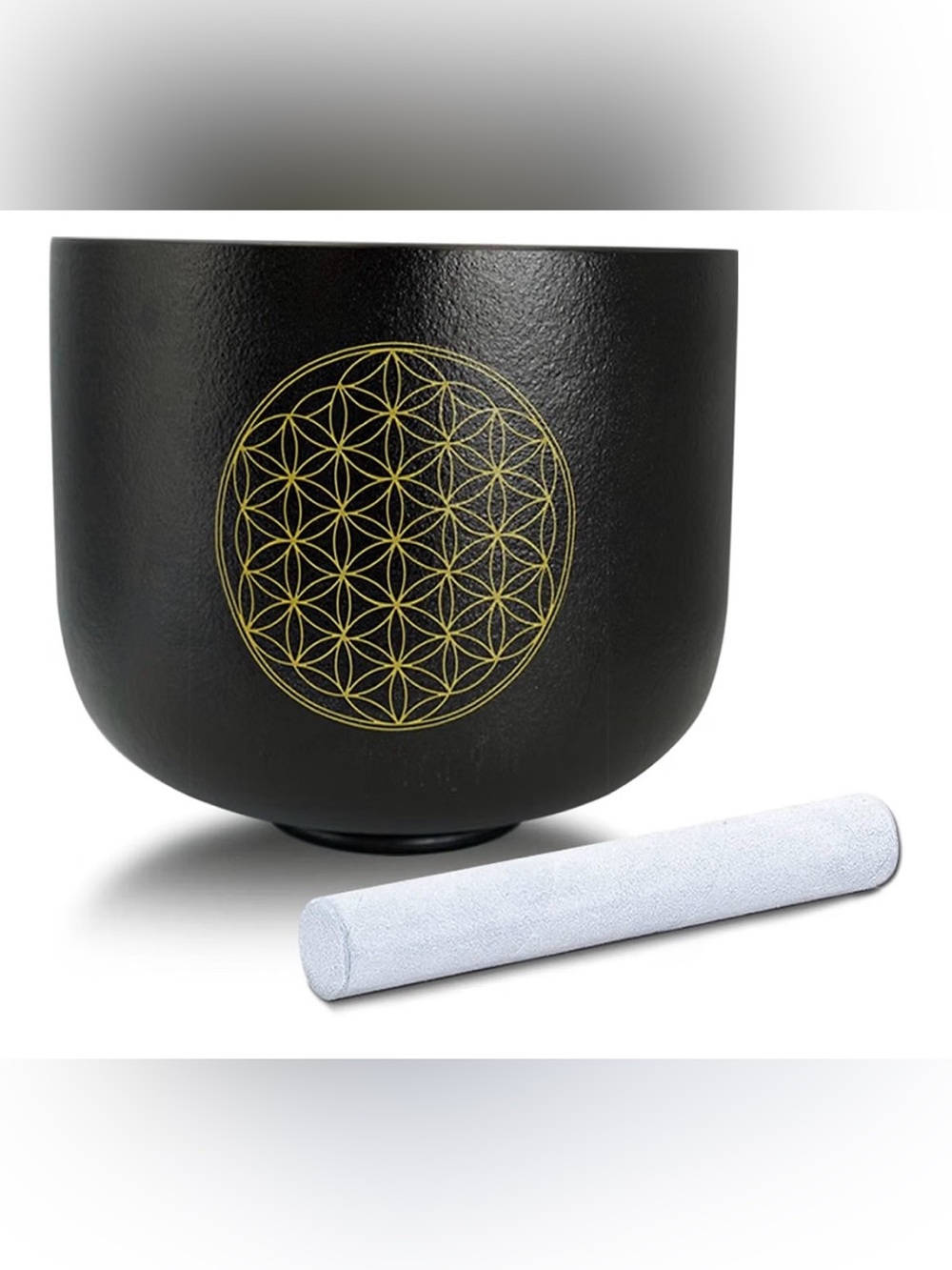 Black Crystal Singing Sound Song Bowl with Gold Geometric Flower of Life Design